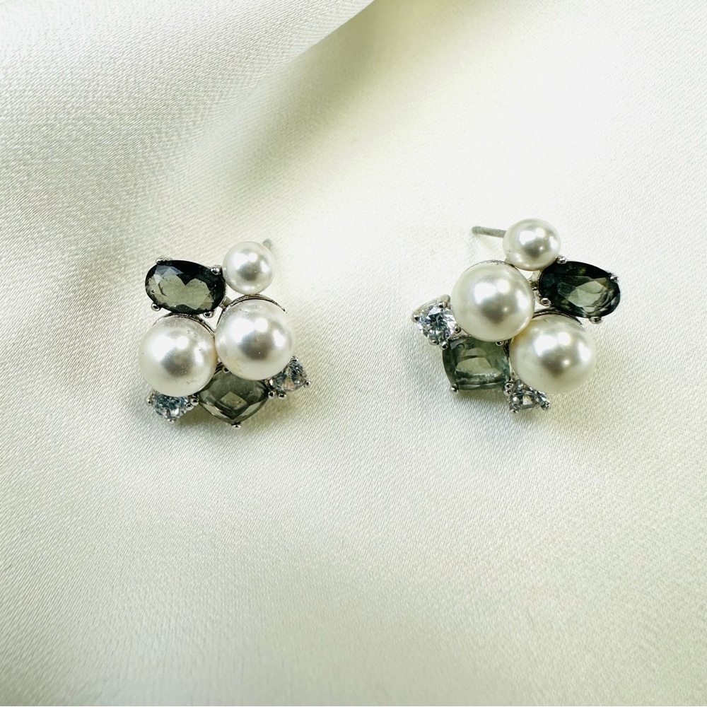 Napier faux pearl crystal cluster rhodium plated stud style pierced earrings